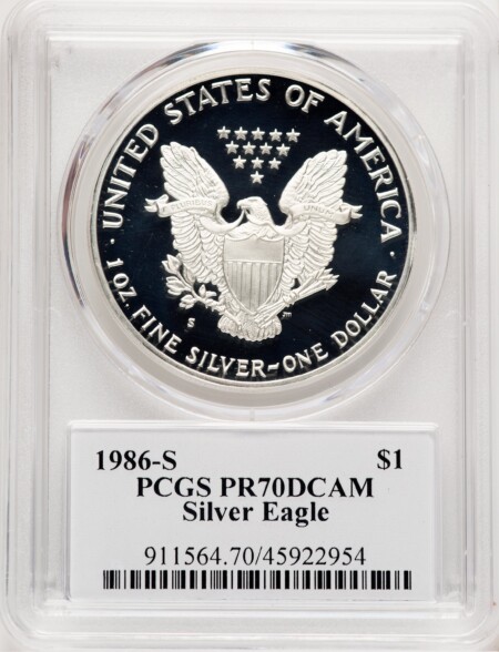 1986-S Proof Silver Eagle 1 oz TD Rogers 70 PCGS