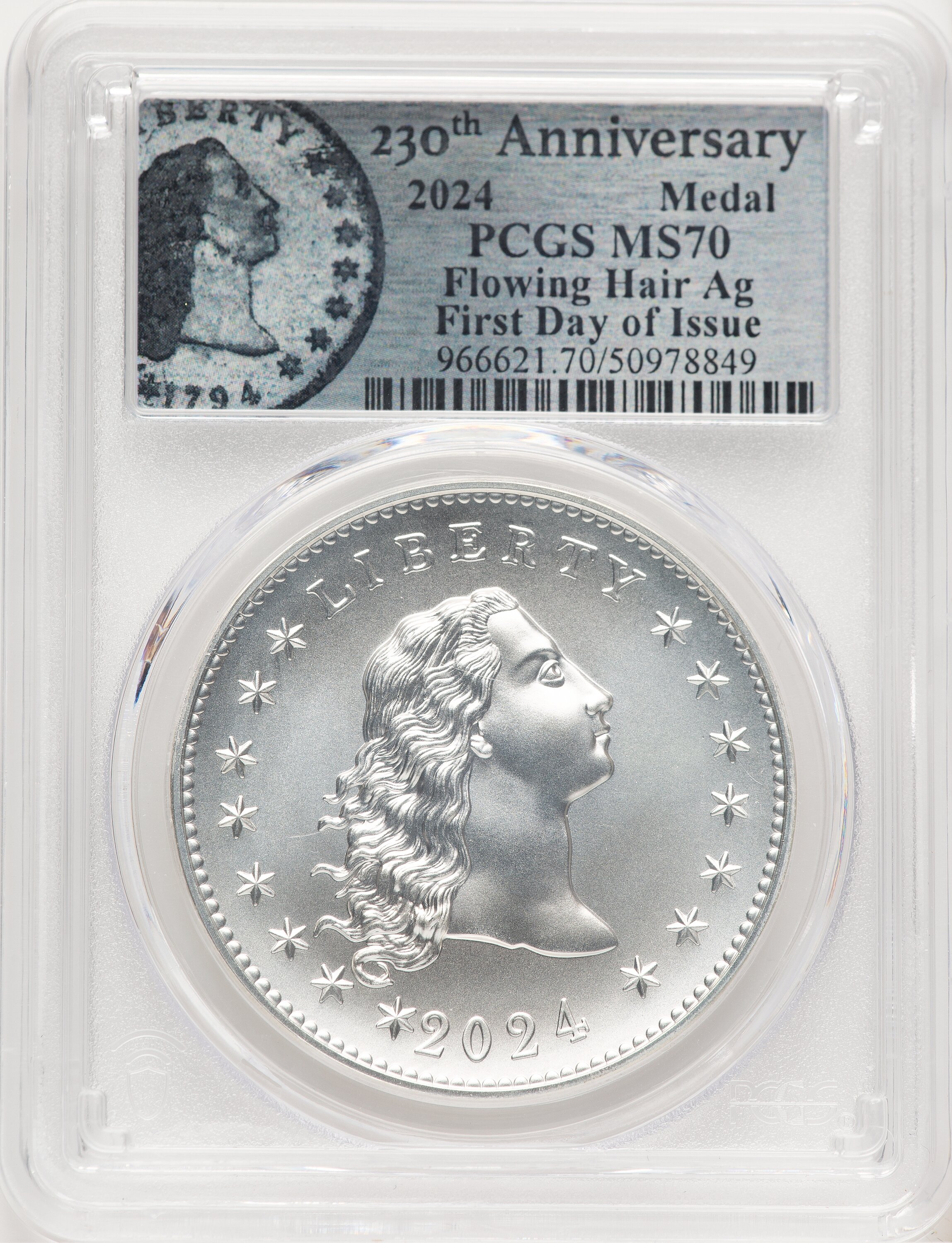 2024-(P) Silver 230th Anniversary Flowing Hair Medal FDI Flowing Hair Label 70 PCGS