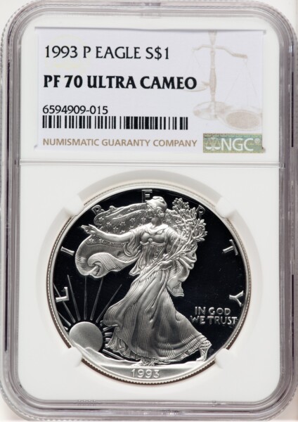 1993-P Proof Silver Eagle 1 oz Brown Label 70 NGC