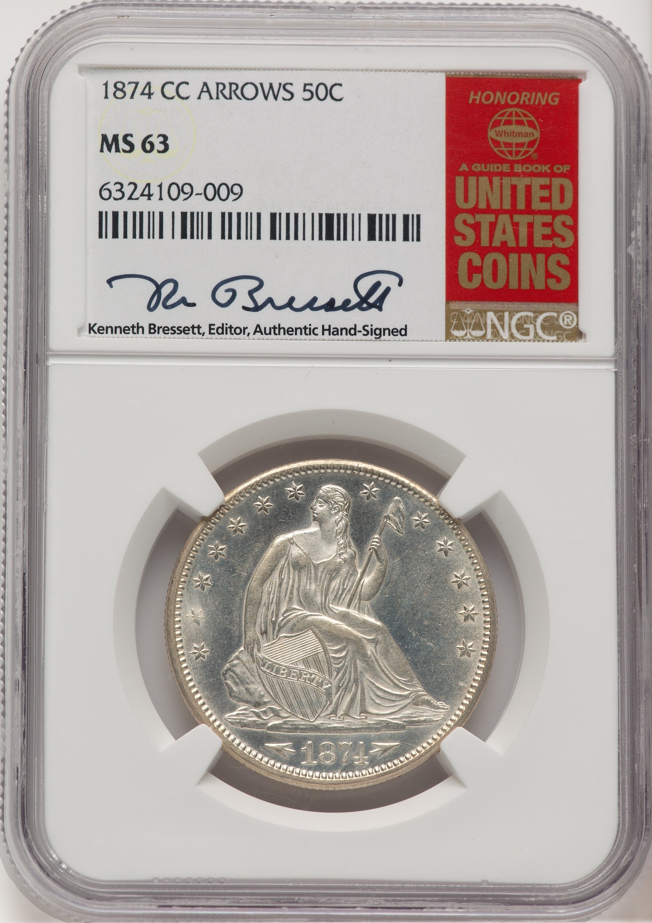 1874-CC 50C Arrows, MS Kenneth Bressett Red Book 63 NGC