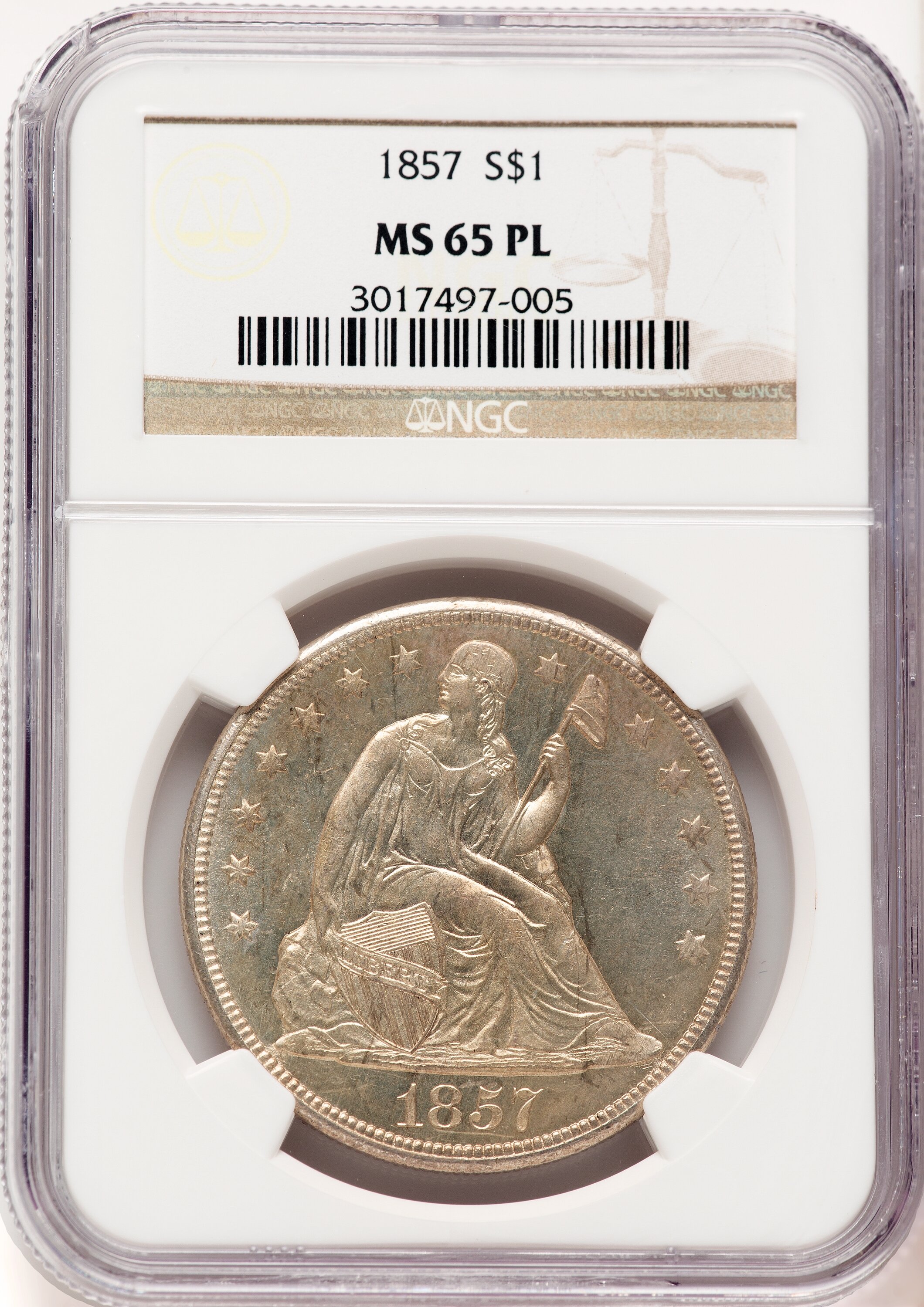 1857 $1, PL 65 NGC