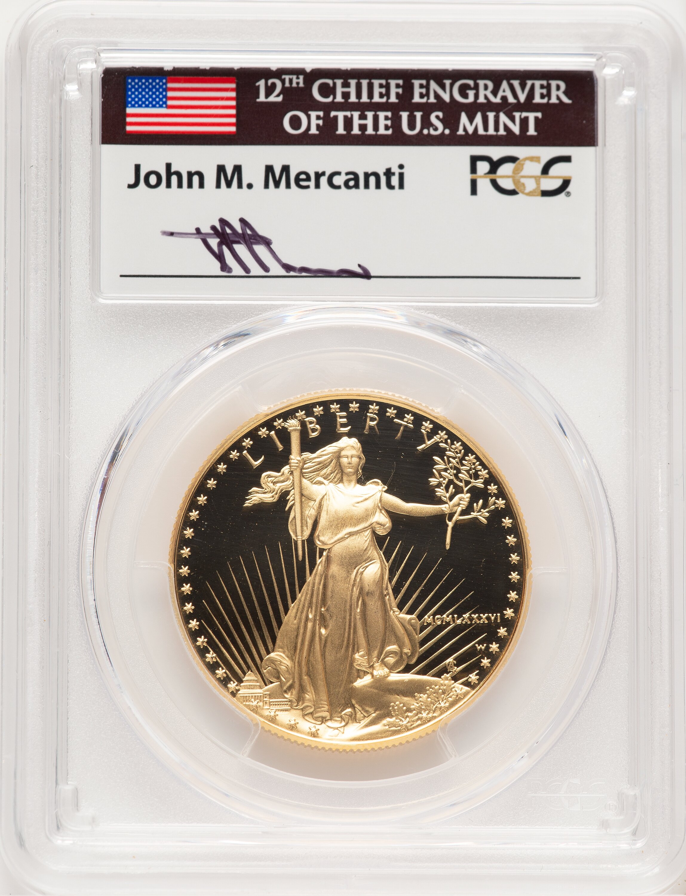 1986-W Proof Gold Eagle 1 oz John Mercanti First Year of Issue 70 PCGS