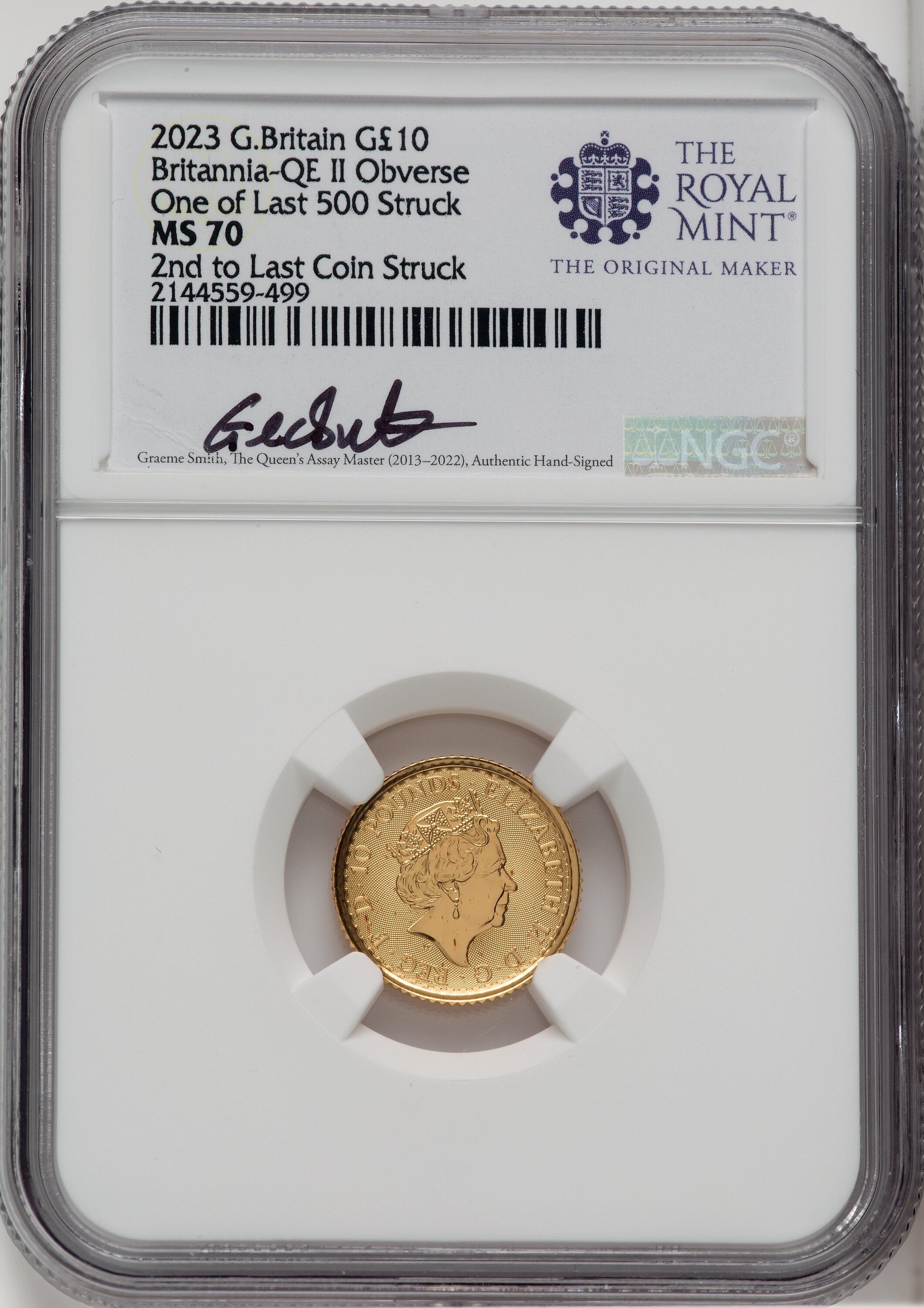 2023 G.B. G10 BRITANNIA-QE II OBVERSE 2ND TO LAST COIN STRUCK 70 NGC