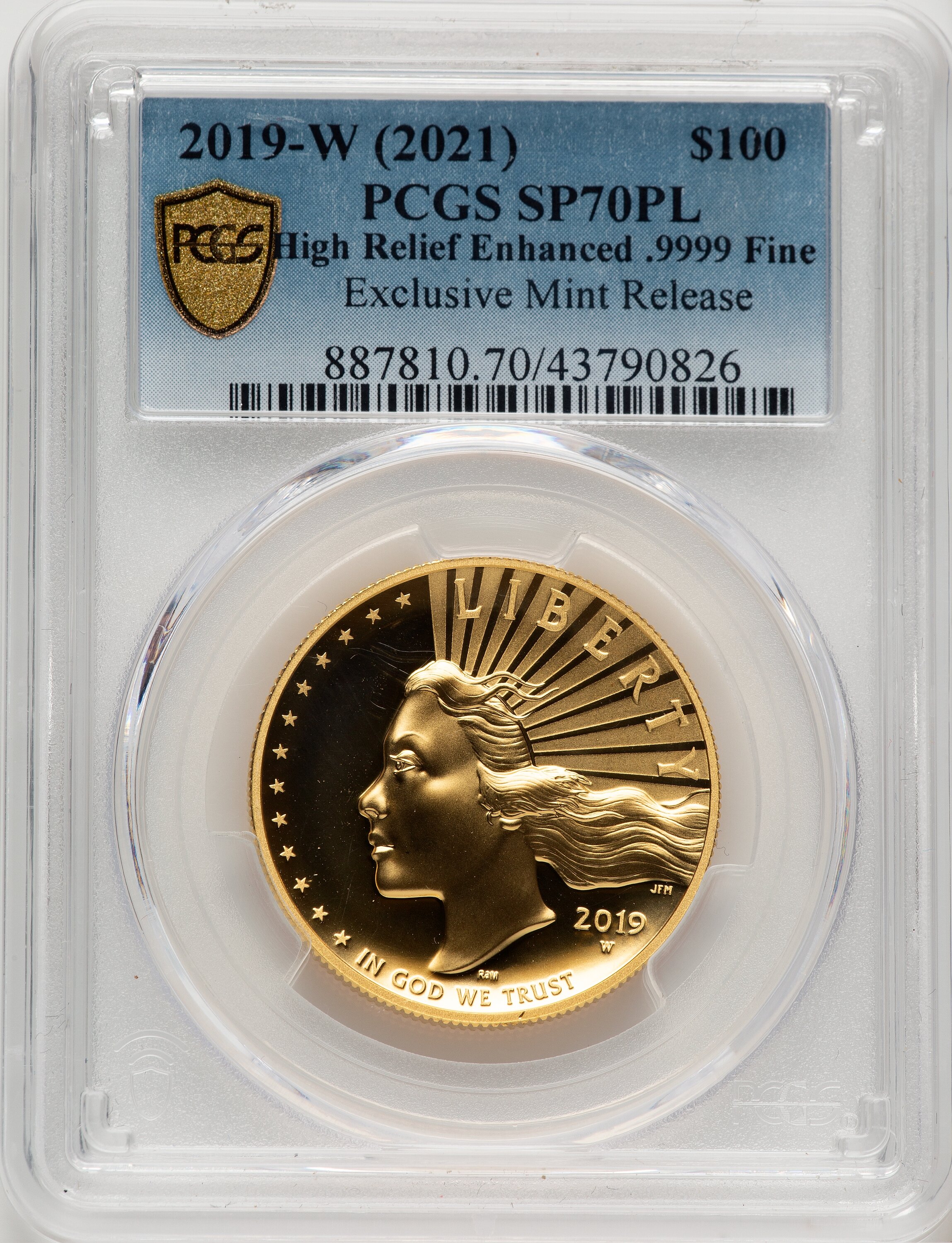 2019-W G$100 American Liberty High Relief, Enhanced, PL  Blue Gradient 70 PCGS