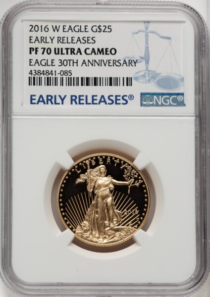 2016-W $25 Half-Ounce Gold Eagle, 30th Anniversary, First Strike, PR, DC ER Blue 70 NGC