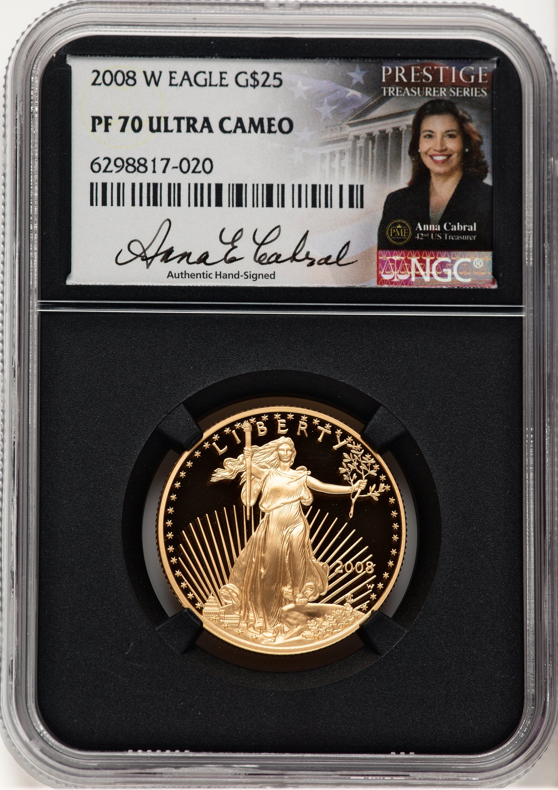 2008-W Proof Gold Eagle 1/2 oz Anna Cabral Prestige Treasurer Series Blk Core 70 NGC