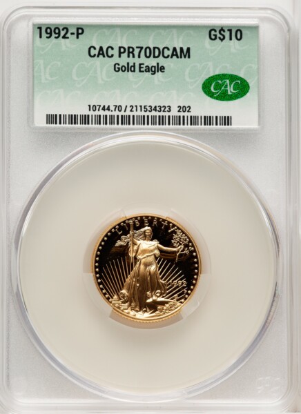 1992-P $10 Quarter-Ounce Gold Eagle, PR, DC Brown Label 70 CACG