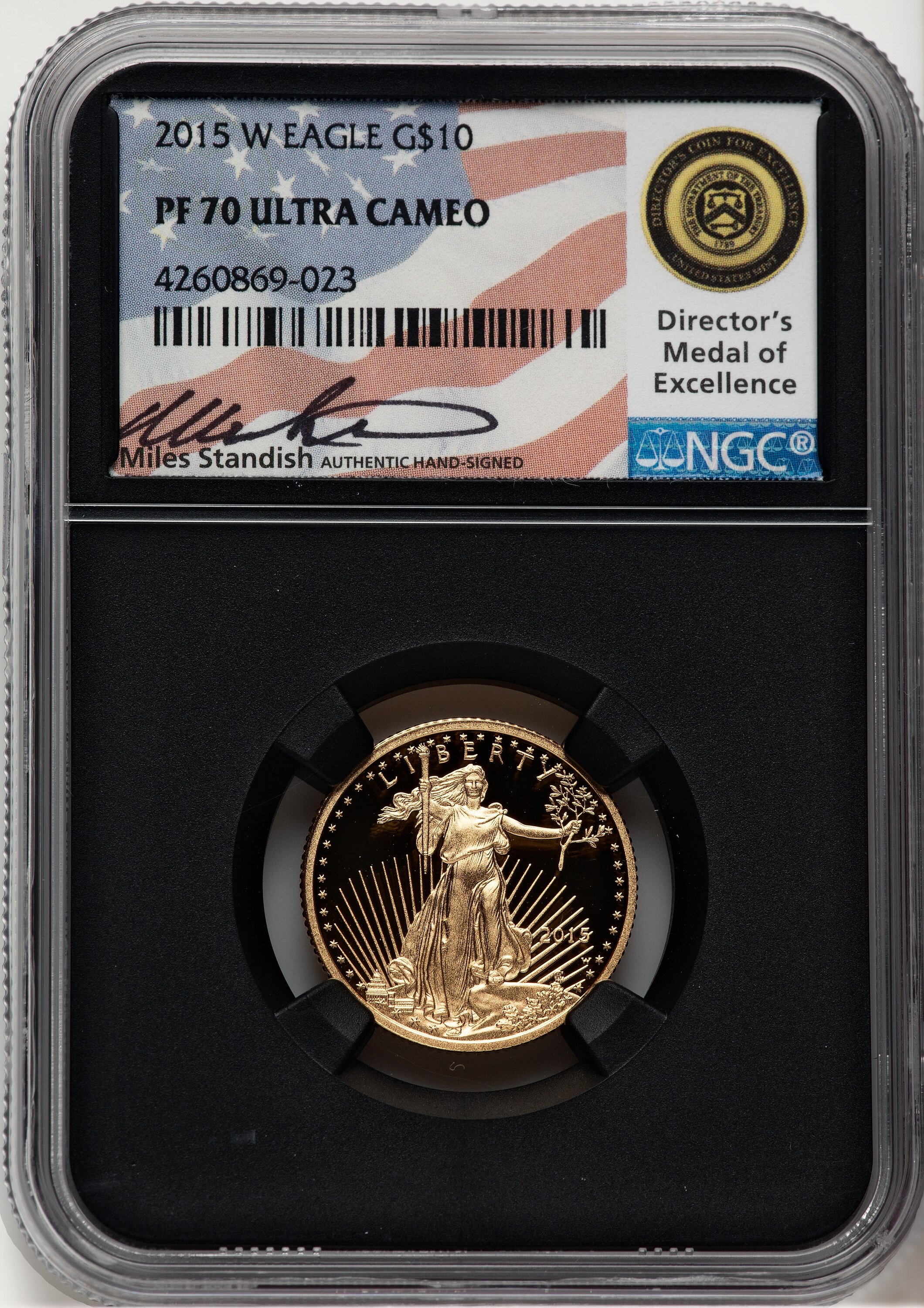 2015-W $10 Quarter-Ounce Gold Eagle, PR Miles Standish 70 NGC