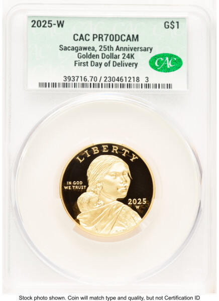 2025-W 1/2 oz Proof Gold Sacagawea 25th Anniversary First Day Of Delivery 70 CACG