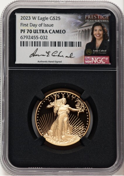 2023-W Proof Gold Eagle 1/2 oz FDI Anna Cabral Prestige Treasurer Series Blk Core 70 NGC