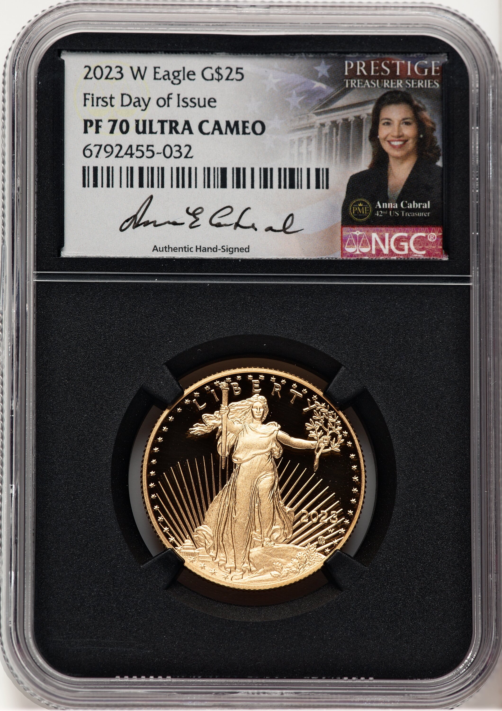 2023-W Proof Gold Eagle 1/2 oz FDI Anna Cabral Prestige Treasurer Series Blk Core 70 NGC