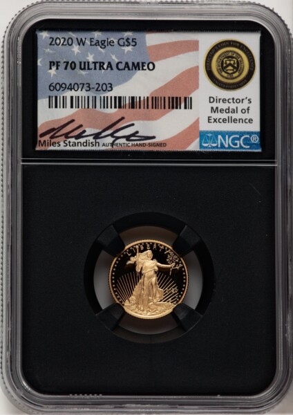 2020-W $5 One-Tenth Ounce Gold Eagle, DC Miles Standish 70 NGC