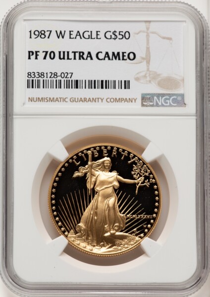 1987-W $50 One-Ounce Gold Eagle, PR, DC Brown Label 70 NGC