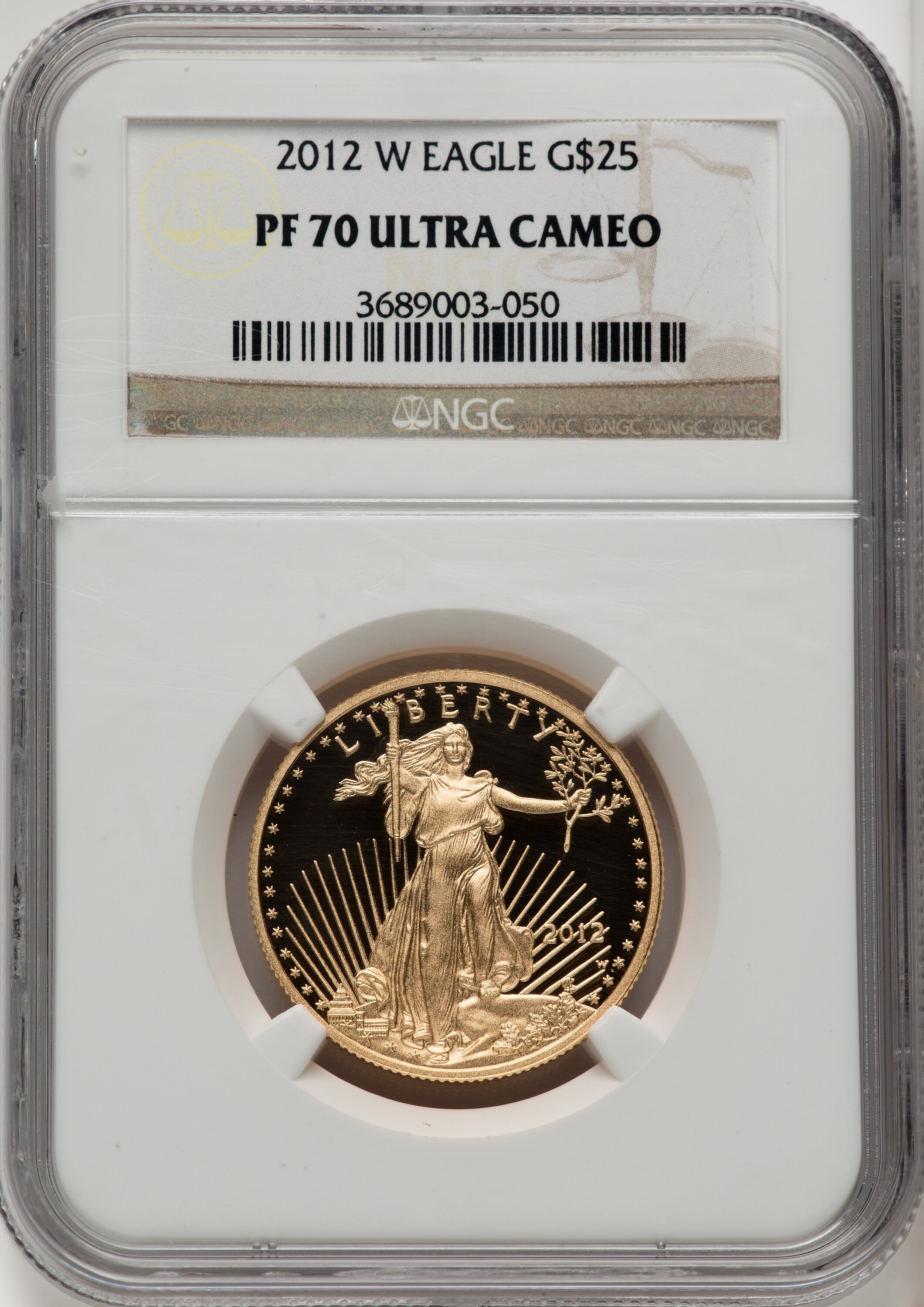 2012-W $25 Half-Ounce Gold Eagle PR, DC Brown Label 70 NGC