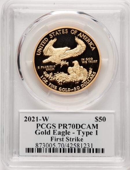 2021-W $50 One Ounce Gold Eagle, Type One, First Strike, DC FS George Casey 70 PCGS