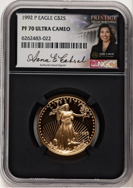 1992-P Proof Gold Eagle 1/2 oz Anna Cabral Prestige Treasurer Series Blk Core 70 NGC