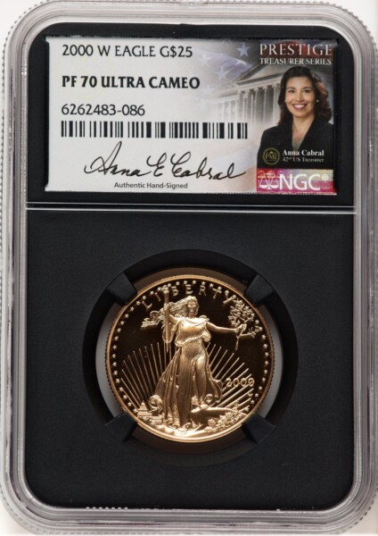 2000-W Proof Gold Eagle 1/2 oz Anna Cabral Prestige Treasurer Series Blk Core 70 NGC