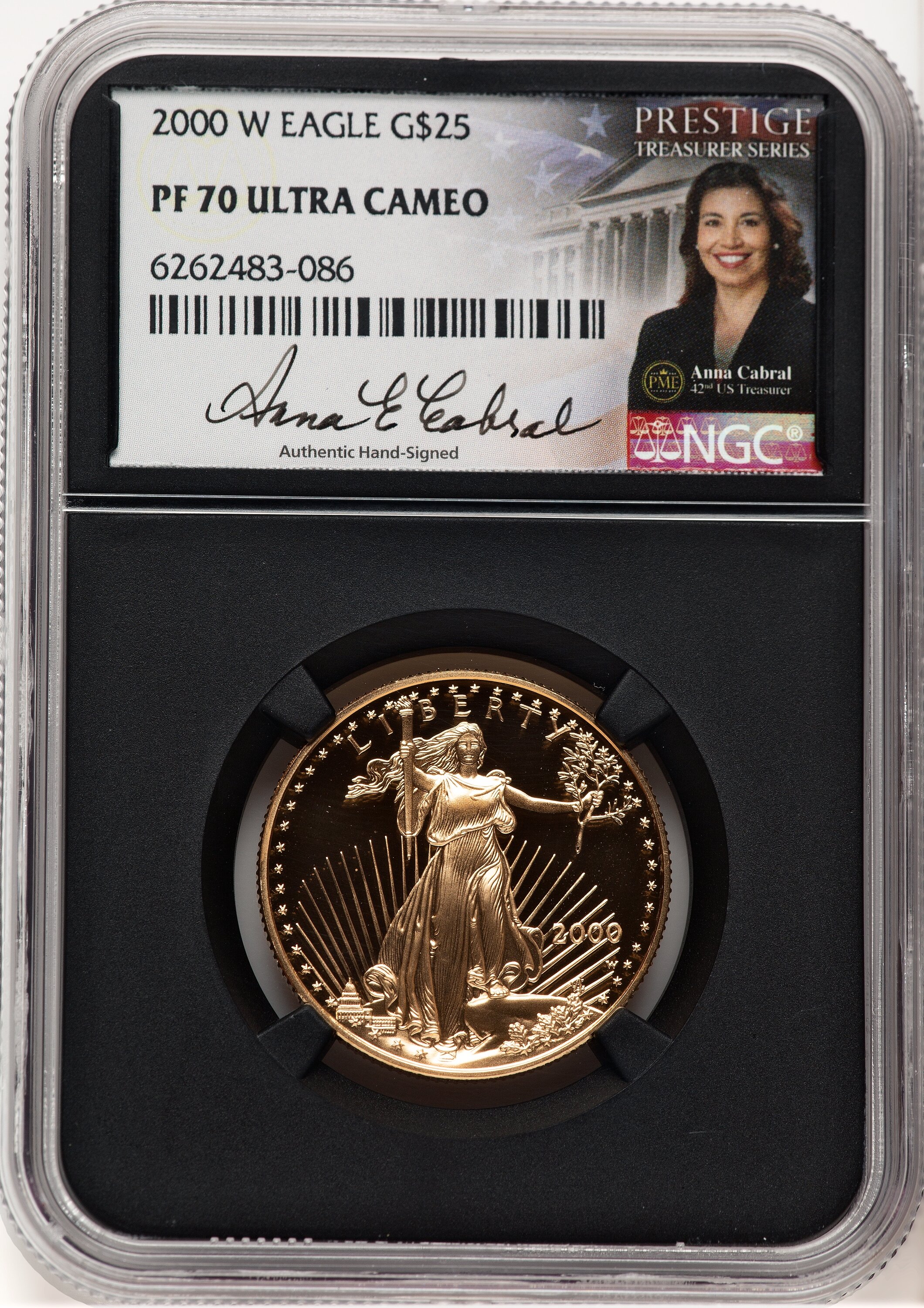 2000-W Proof Gold Eagle 1/2 oz Anna Cabral Prestige Treasurer Series Blk Core 70 NGC