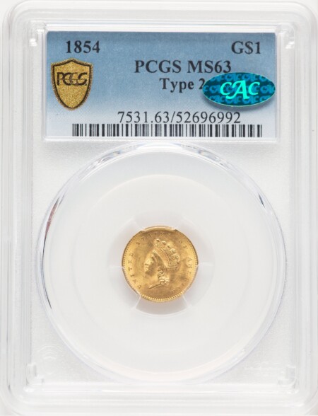 1854 G$1 Type Two CAC PCGS Secure 63 PCGS