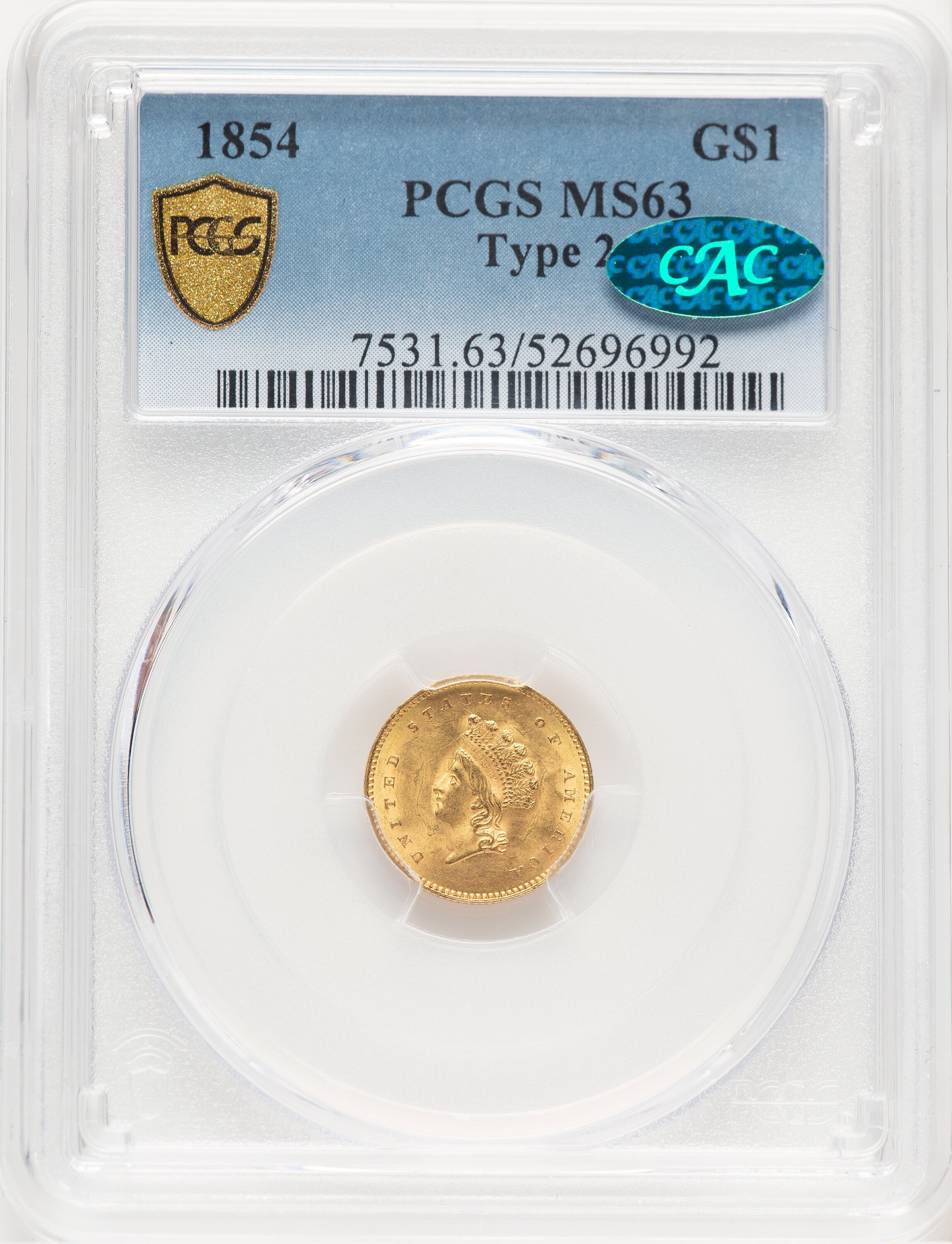 1854 G$1 Type Two CAC PCGS Secure 63 PCGS