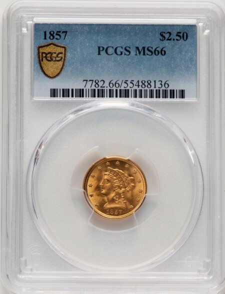 1857 $2 1/2 PCGS Secure 66 PCGS