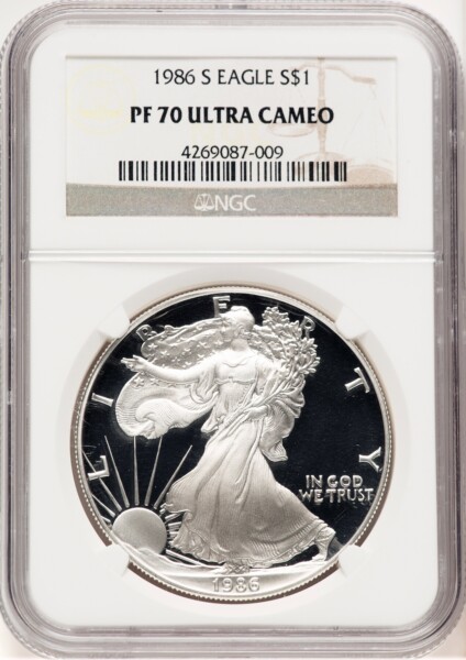 1986-S Proof Silver Eagle 1 oz Brown Label 70 NGC