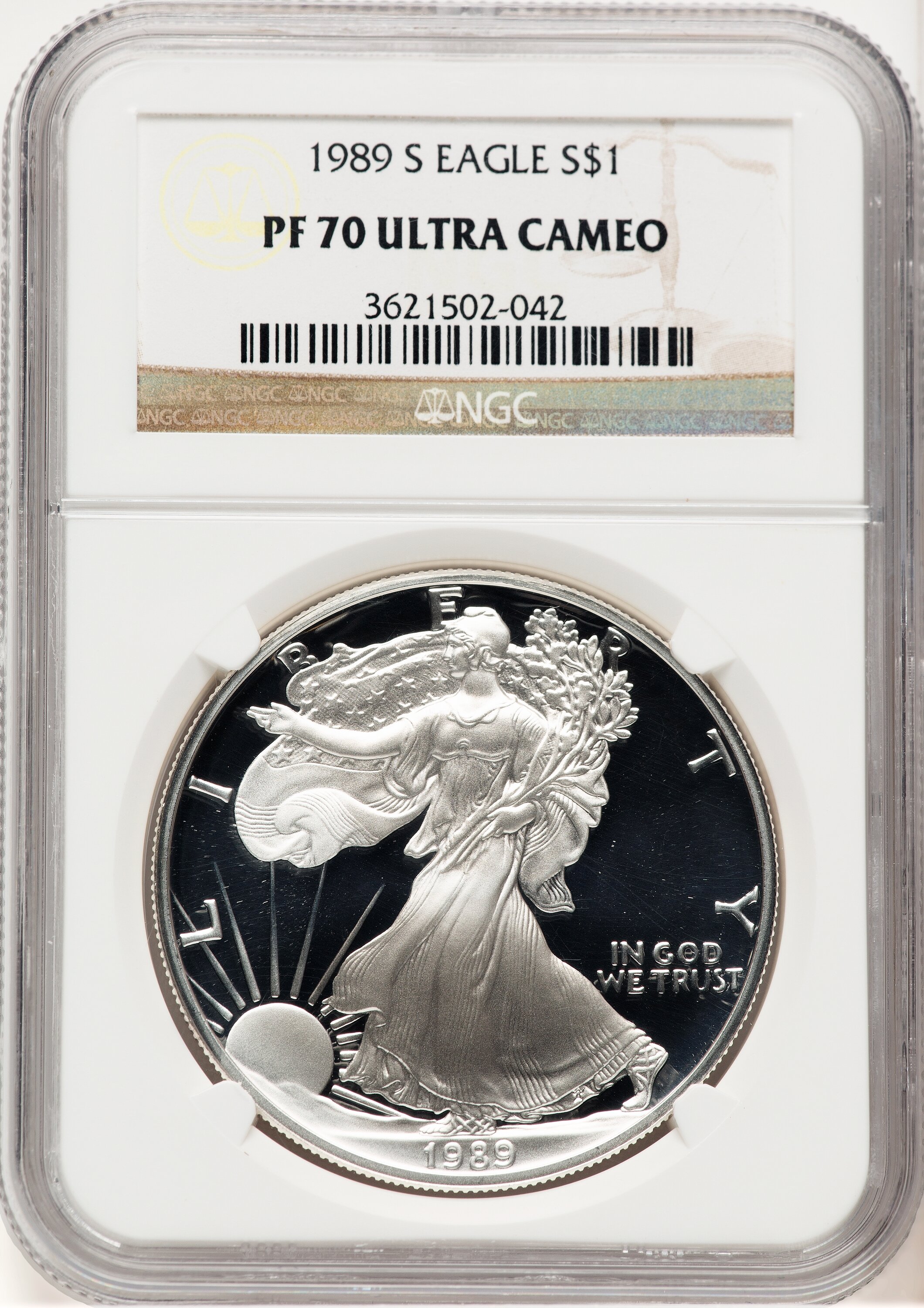 1989-S Proof Silver Eagle 1 oz Brown Label 70 NGC