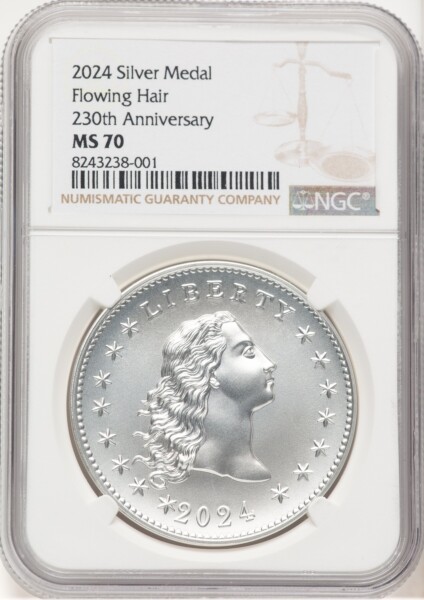 2024-(P) Silver 230th Anniversary Flowing Hair Medal Brown Label 70 NGC