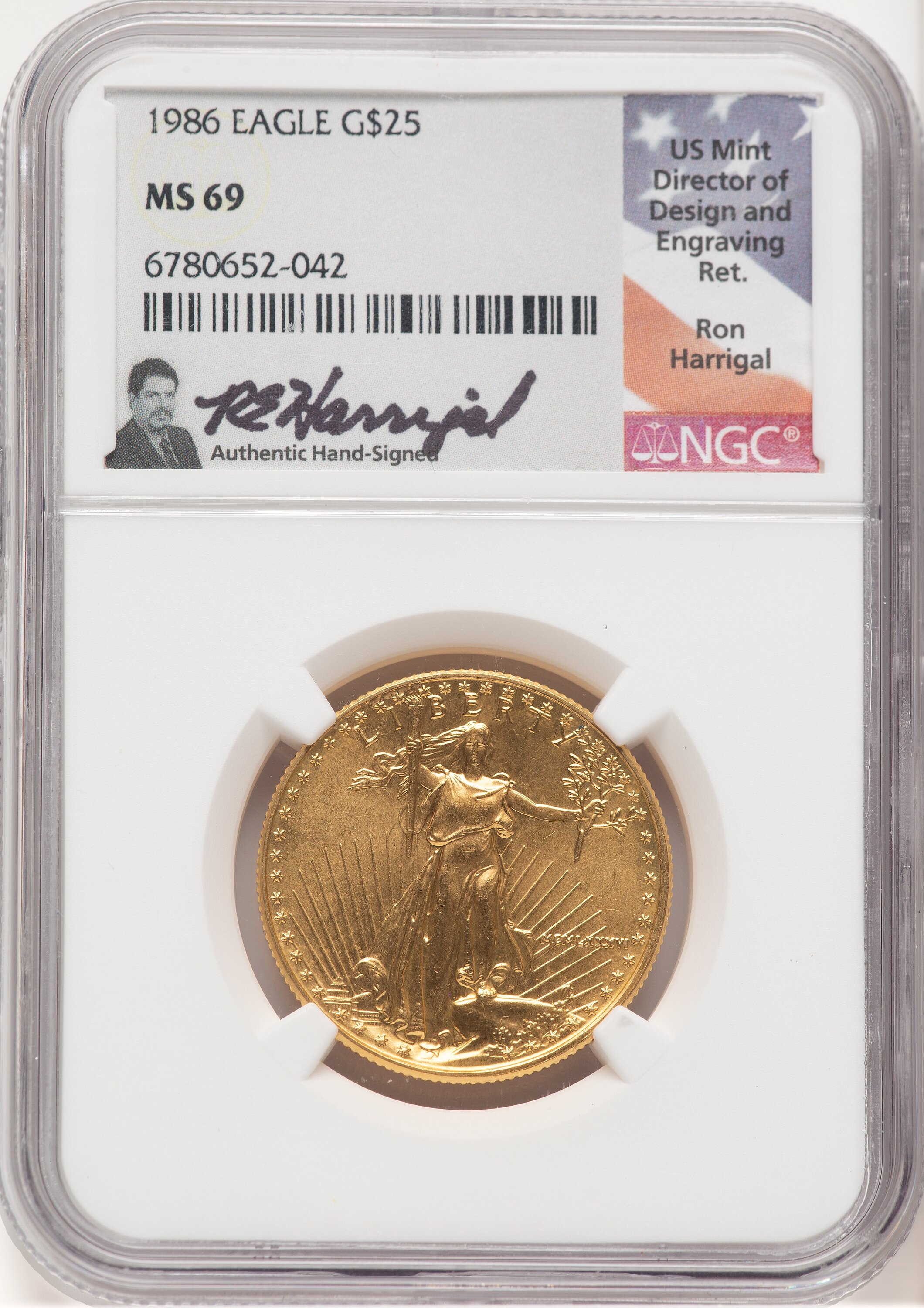 1986 Gold Eagle 1/2 oz Ron Harrigal 69 NGC