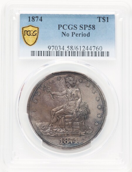 1874 T$1 No Period, SP PCGS Secure Blue Gradient 58 PCGS
