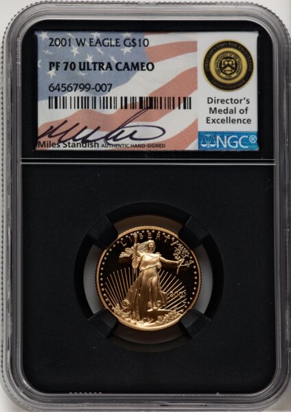 2001-W $10 Quarter-Ounce Gold Eagle, PR, DC Miles Standish 70 NGC
