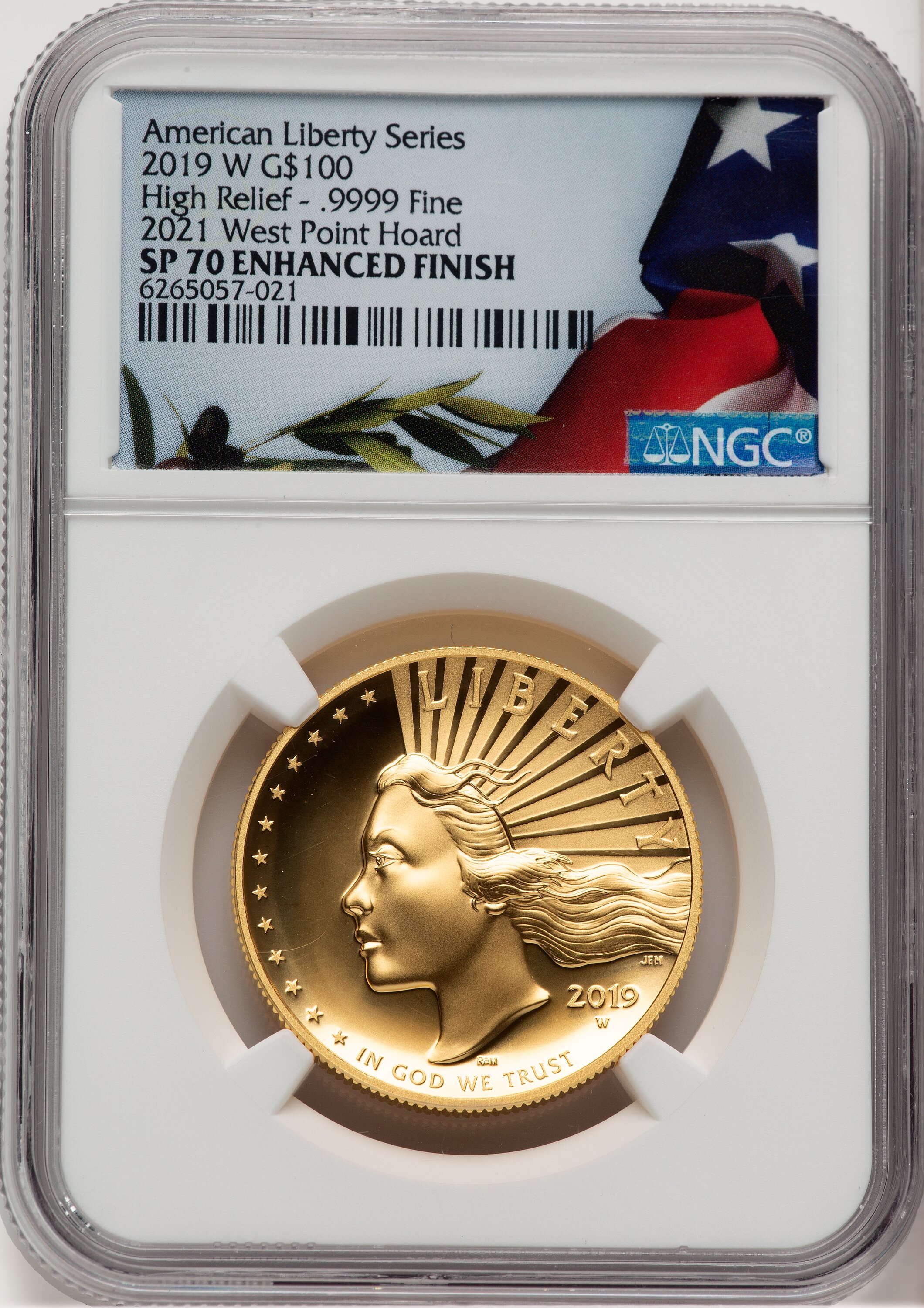 2019-W G$100 American Liberty High Relief, Enhanced 2021 West Point Mint Hoard Bunting Flag 70 NGC