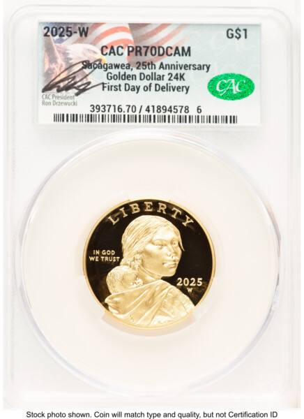 2025-W 1/2 oz Proof Gold Sacagawea 25th Anniversary First Day of Delivery Ron Drzewuki 70 CACG