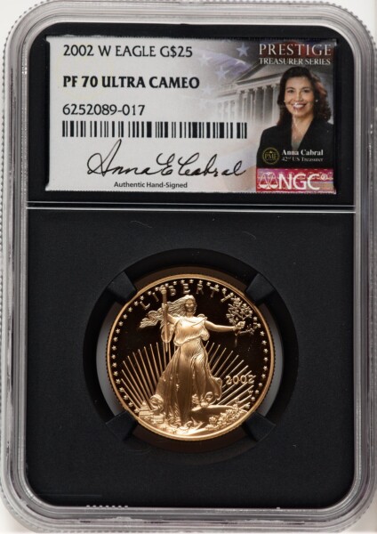 2002-W Proof Gold Eagle 1/2 oz Anna Cabral Prestige Treasurer Series Blk Core 70 NGC