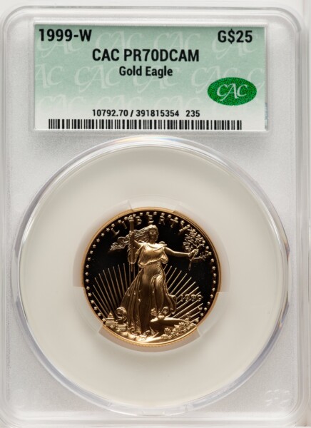 1999-W $25 Half-Ounce Gold Eagle, DC Brown Label 70 CACG
