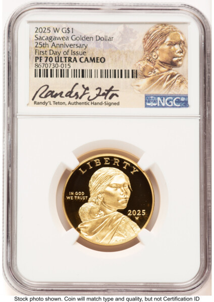 2025-W 1/2 oz Proof Gold Sacagawea 25th Anniversary FDI Randy'L Teton Golden Sacagawea 70 NGC