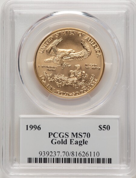 1996 $50 One-Ounce Gold Eagle, MS Saint Gaudens Label 70 PCGS