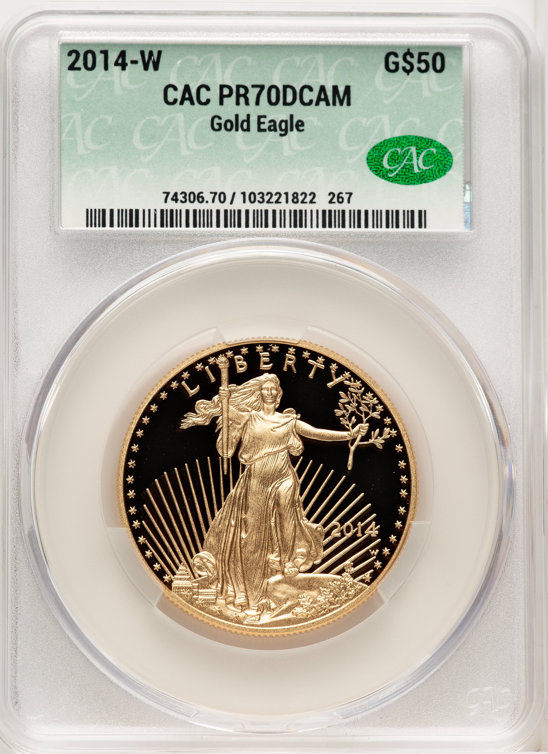 2014-W $50 One-Ounce Gold Eagle, PR, DC 70 CACG