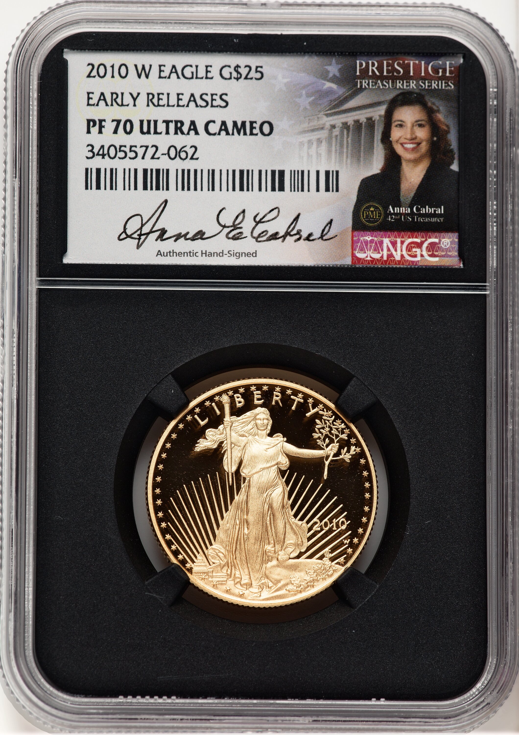 2010-W Proof Gold Eagle 1/2 oz ER Anna Cabral Prestige Treasurer Series Blk Core 70 NGC
