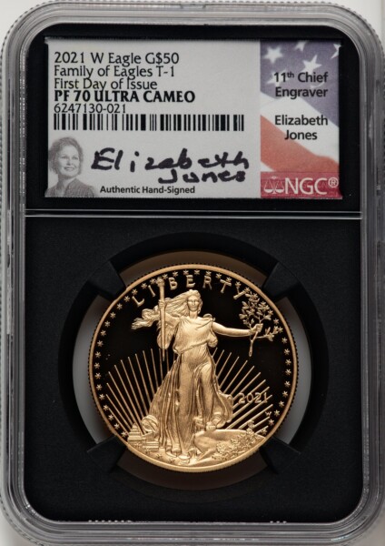2021-W $50 One Ounce Gold Eagle, Type One, First Day of Issue, DC FDI Elizabeth Jones Blk Core 70 NGC