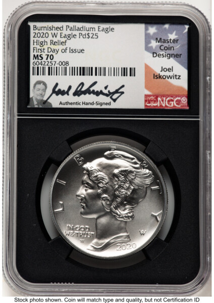2020-W Palladium Eagle 1 oz Burnished FDI Joel Iskowitz Blk Core 70 NGC
