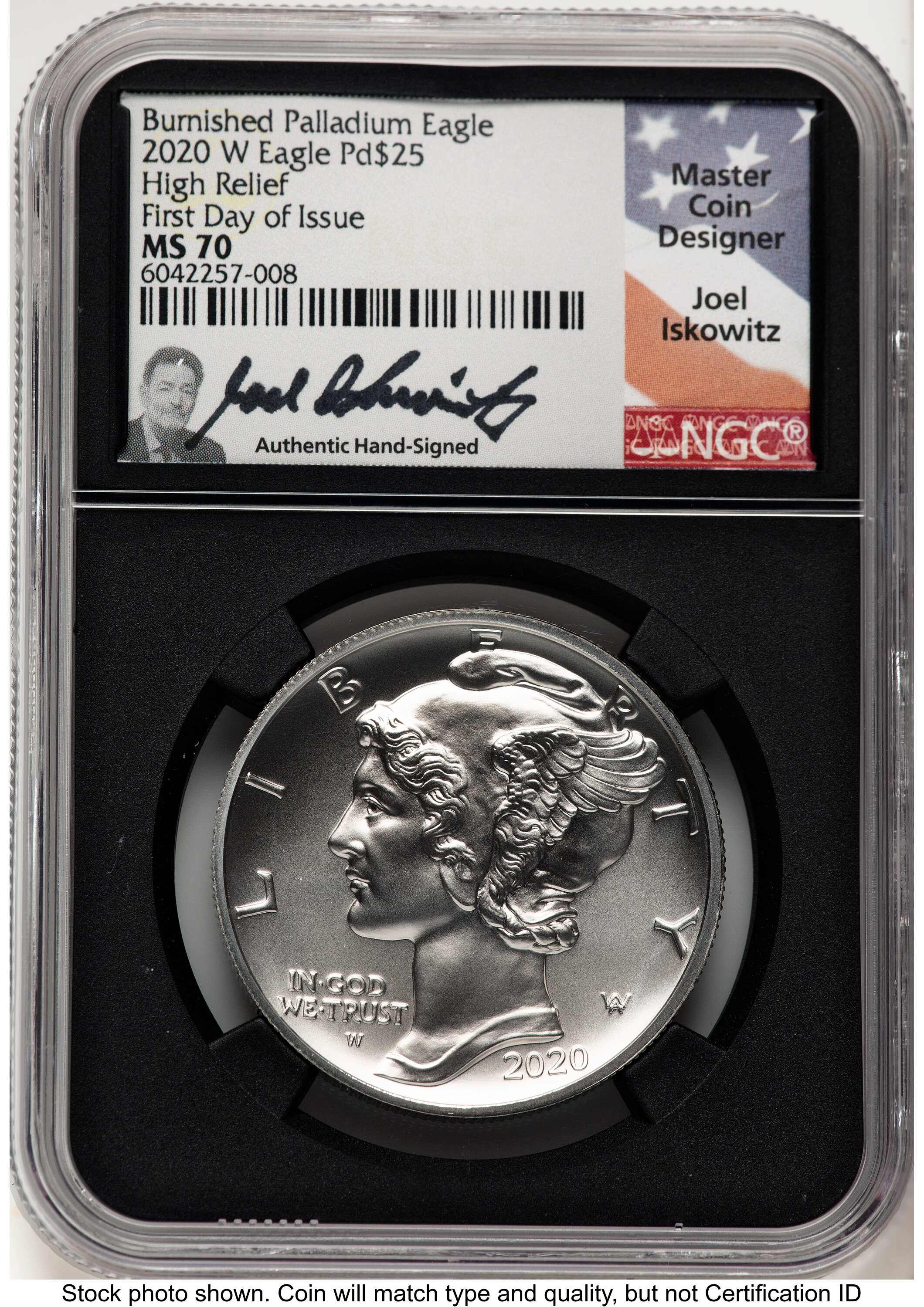 2020-W Palladium Eagle 1 oz Burnished FDI Joel Iskowitz Blk Core 70 NGC