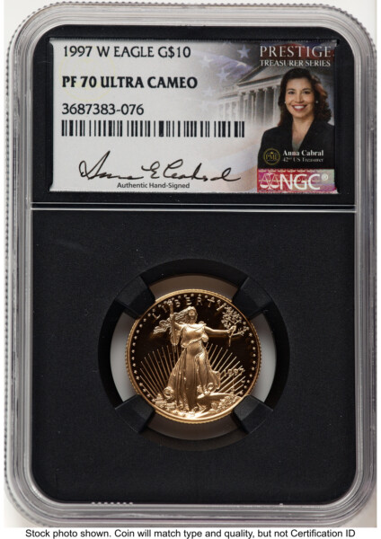 1997-W Proof Gold Eagle 1/4 oz Anna Cabral Prestige Treasurer Series Blk Core 70 NGC