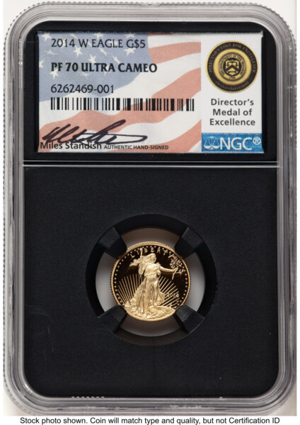 2014-W Proof Gold Eagle 1/10 oz Miles Standish Blk Core 70 NGC
