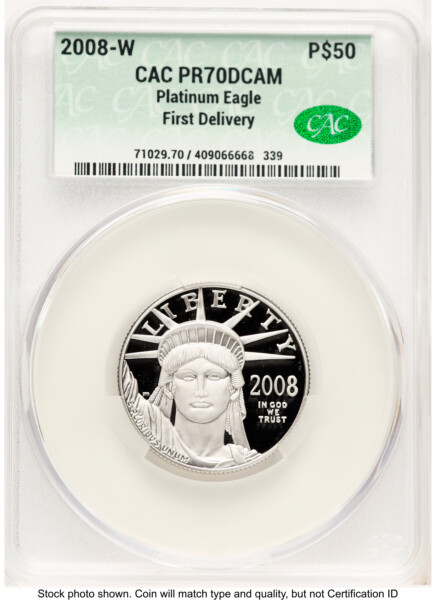 2008-W Proof Platinum Eagle 1/2 oz First Delivery 70 CACG