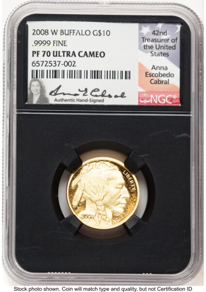 2008-W Proof Gold Buffalo 1/4 oz Anna Cabral Blk Core 70 NGC