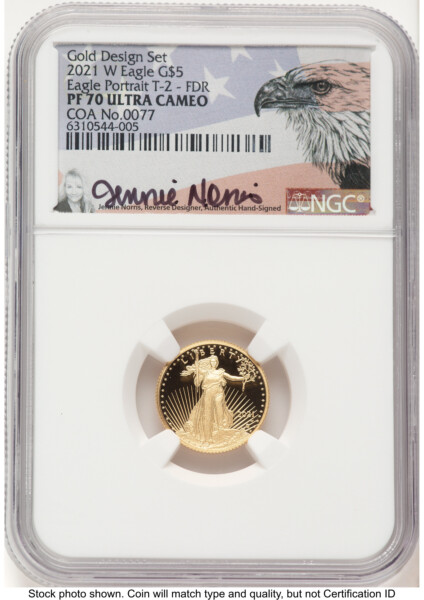 2021-W Type 2 Proof Gold Eagle 1/10 oz FDR Jennie Norris 70 NGC