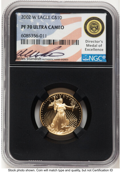 2002-W Proof Gold Eagle 1/4 oz Miles Standish Blk Core 70 NGC