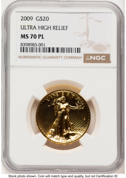 2009 G$20 Ultra High Relief, PL Brown Label 70 NGC