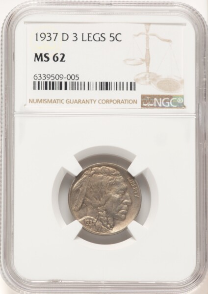 1937-D 5C Three-Legged, FS-901, MS 62 NGC